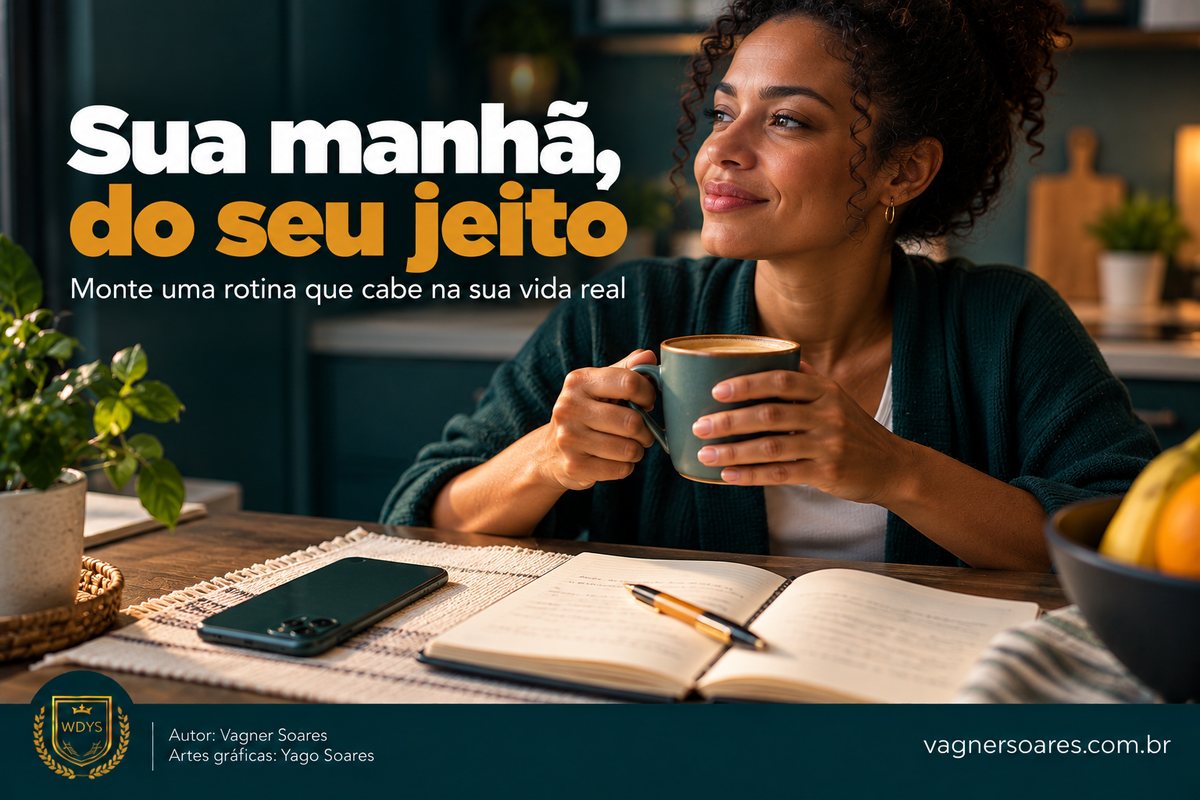 Capa com o título “Sua manhã, do seu jeito”: mulher sorri segurando uma xícara, com um caderno aberto e o celular sobre a mesa