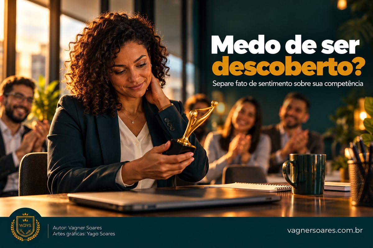 Capa com o título “Medo de ser descoberto?”: mulher segura um troféu com ar inseguro enquanto colegas aplaudem ao fundo