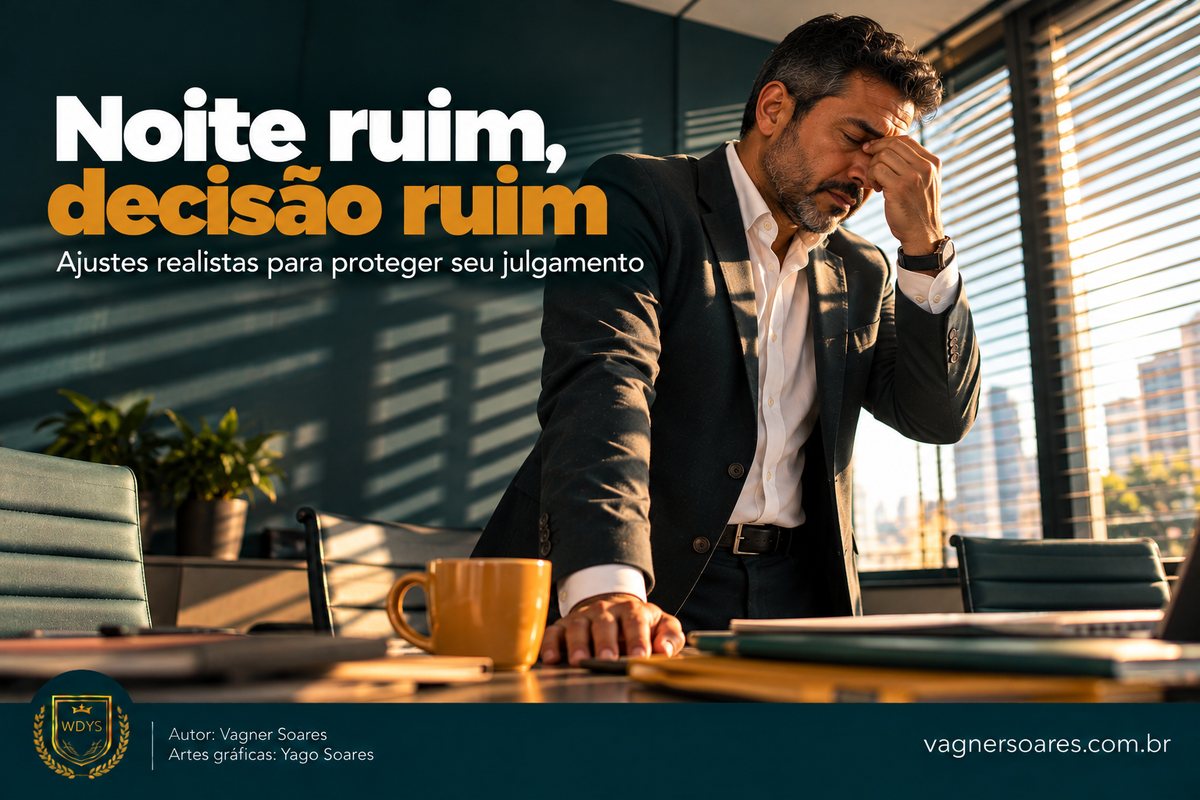 Capa com o título “Noite ruim, decisão ruim”: executivo cansado esfrega os olhos, apoiado em uma mesa ao lado de uma xícara