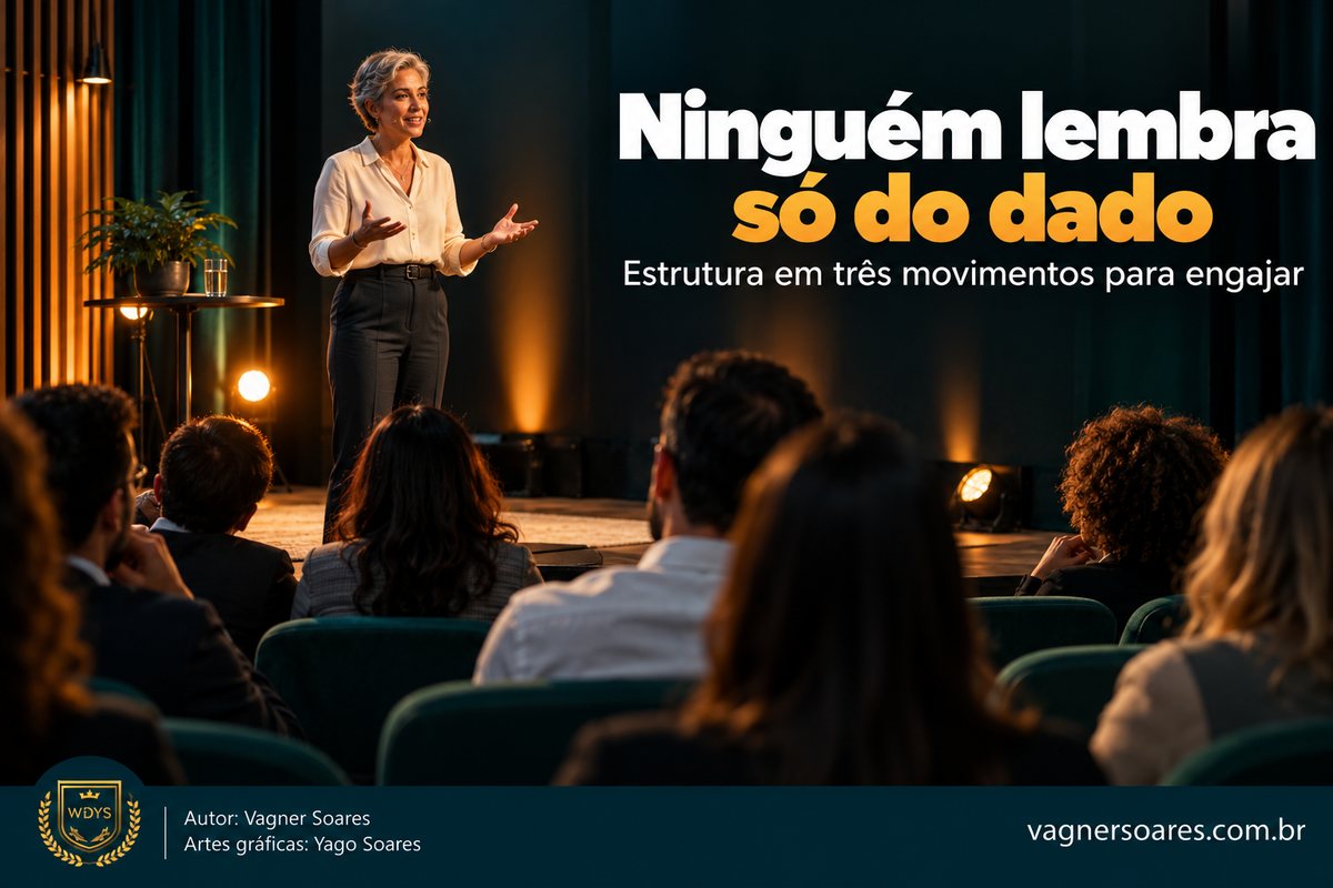Capa com o título “Ninguém lembra só do dado”: palestrante gesticula diante de uma plateia em um auditório