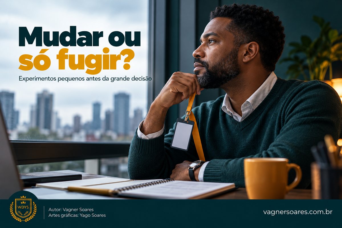Capa com o título “Mudar ou só fugir?”: homem com crachá observa a cidade pela janela, ao lado de um caderno aberto