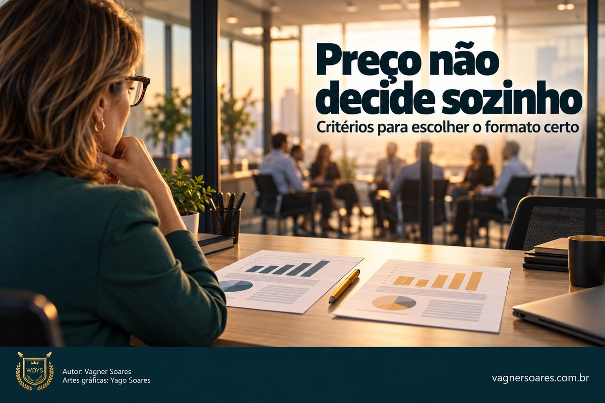 Capa com o título “Preço não decide sozinho”: gestora de costas analisa relatórios com gráficos enquanto uma equipe conversa ao fundo