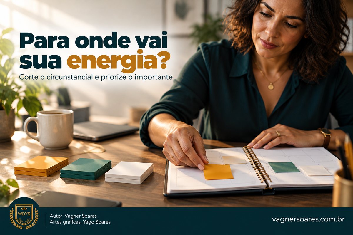 Capa com o título “Para onde vai sua energia?”: mulher organiza notas adesivas coloridas sobre uma agenda aberta