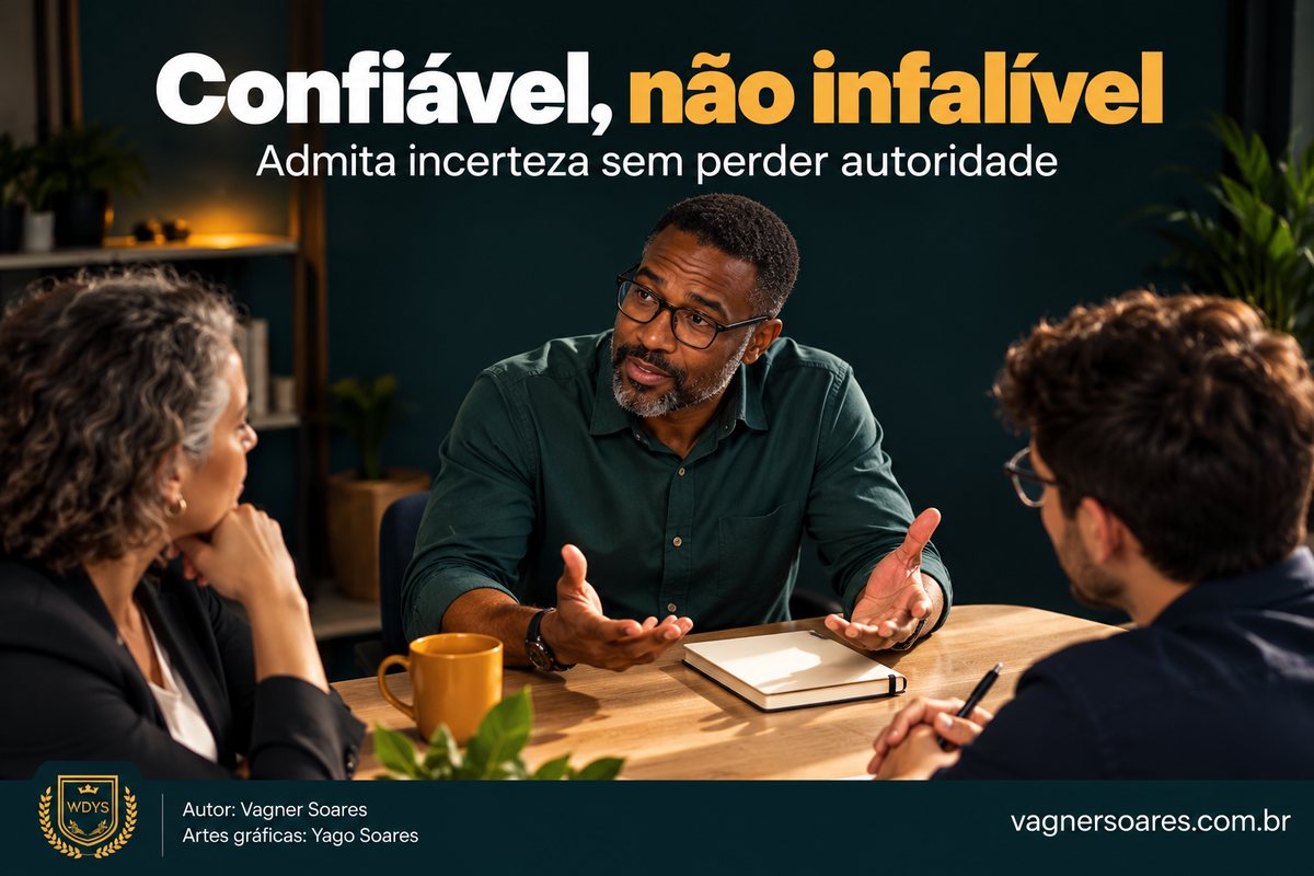 Capa com o título “Confiável, não infalível”: líder de camisa verde, de mãos abertas, conversa com dois colegas em uma mesa de madeira