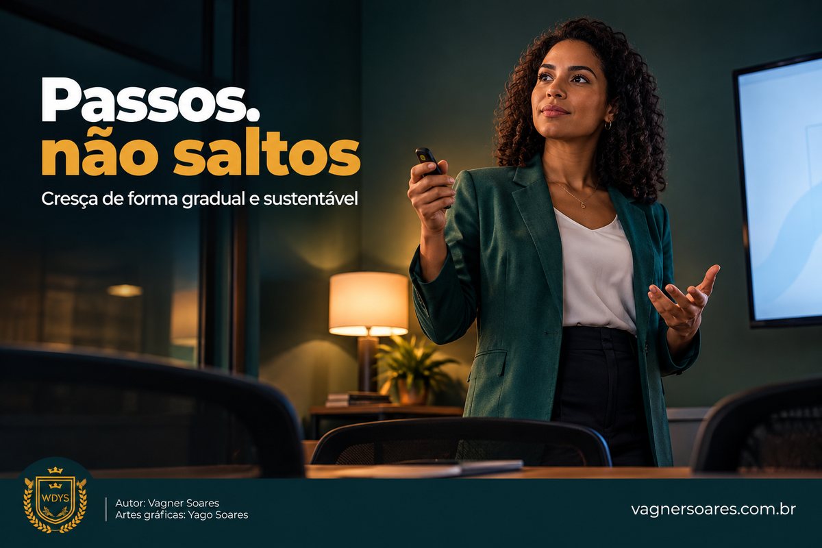 Capa com o título “Passos, não saltos”: mulher de blazer verde apresenta algo de pé em uma sala, com um controle na mão